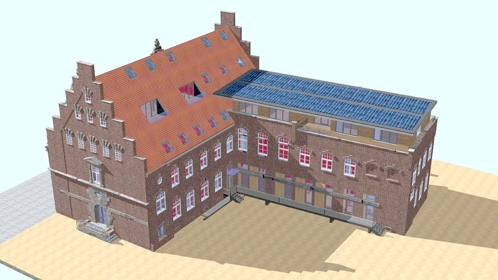 Eine Photovoltaik- oder Solaranlage könnte auf dem rückläufigen Anbau ihren Platz finden. Skizze: Kersten Architekten Norden