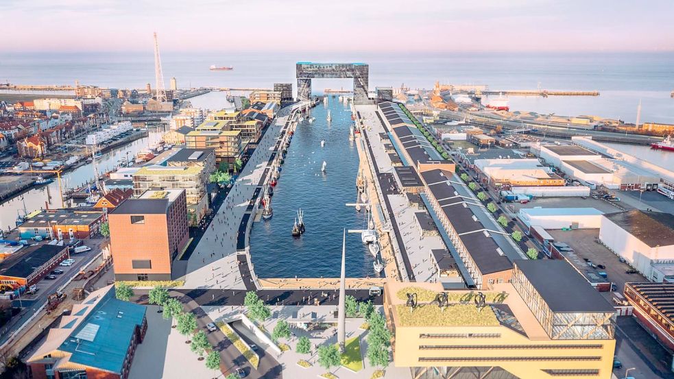Noch ist es eine Animation: der rundum erneute Alte Fischereihafen in Cuxhaven mit seinem Tor zur Welt. Das Projekt von Investor Norbert Plambeck läuft auf Hochtouren. Foto: AFH Projektentwicklung