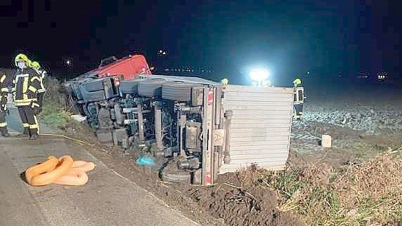 Ein Sattelzug ist am Freitagabend in Wirdum von der Straße abgekommen und in einen Graben gestürzt. Foto: Weinrank