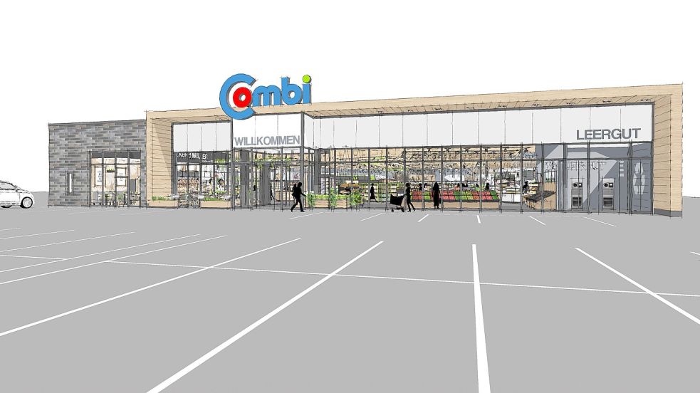 So soll der neue Combi-Markt in Remels aussehen. Die Vorderansicht besteht aus einer Glasfassade, damit möglichst viel Tageslicht ins Innere des Gebäudes gelangt. Zeichnung: Bünting