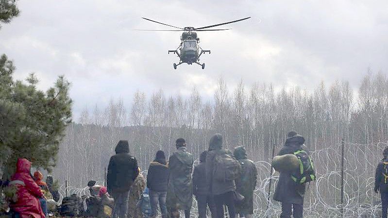 Ein polnischer Militärhubschrauber fliegt über eine Gruppe Migranten, die sich an der weißrussisch-polnischen Grenze versammelt haben. Foto: Leonid Shcheglov/BelTA/AP/dpa