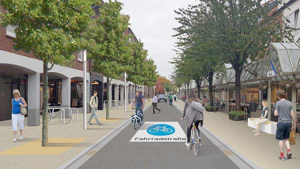 Zukunftsmusik: Die Neutorstraße in Emden könnte langfristig zu einer Fahrradstraße mit Bäumen und Sitzgelegenheiten umgestaltet werden. Visualisierung: Stadt Emden