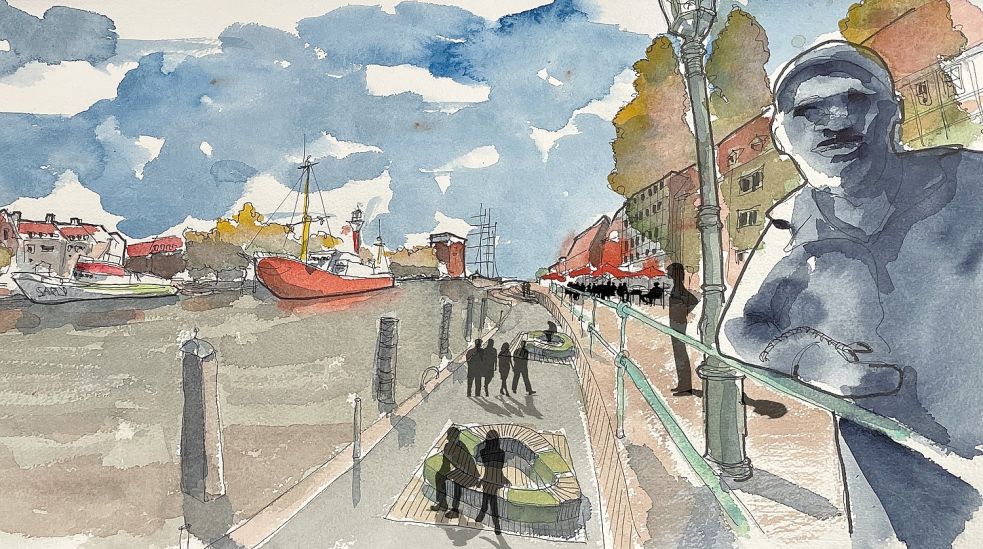 Eine Zeichnung zeigt denkbare Veränderungen am Delft. Auf der Straße haben derzeit noch Autos den Vorrang. Visualisierung: Stadt Emden