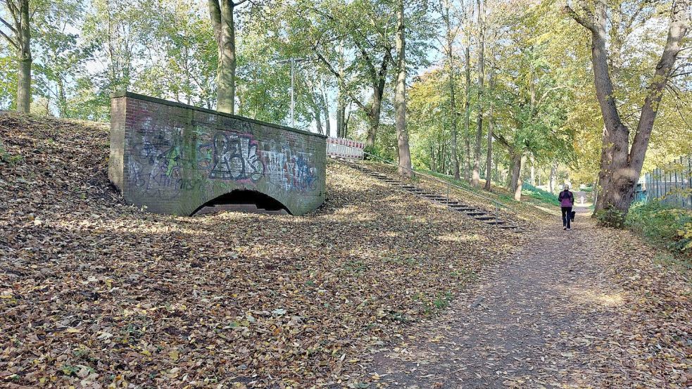 Manch ein Spaziergänger mag sich schon gefragt haben, was es mit dem Mauerwerk am Wall auf sich hat. Fotos: Hanssen