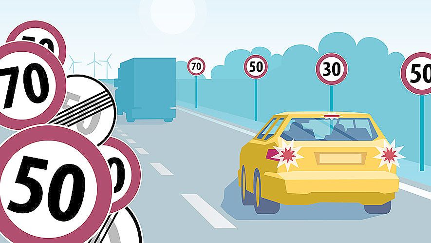Schaut man in die Vergangenheit, so hatte es bis 1957 gar keine vorgeschriebenen Höchstgeschwindigkeiten in Deutschland gegeben, auch nicht innerorts. Das änderte sich aber mit der zunehmenden Zahl an Autos und schweren Unfällen. Heute sind überall Temposchilder wie dieses zu sehen. Grafik: Kreativgruppe / Will