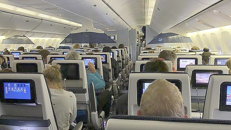 Blick in den Innenraum des Fluges KLM 598 aus Kapstadt nach Amsterdam. Mehrere Omikron-Infizierte waren an Bord der Maschine. Foto: -/Third Party/UGC über AP/dpa