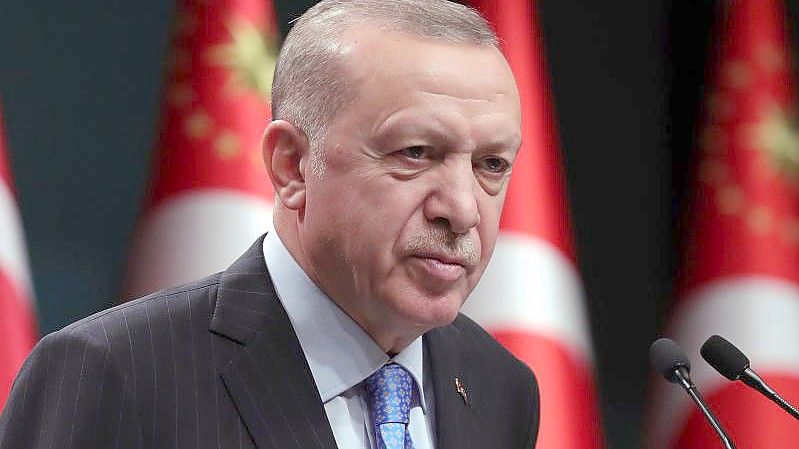 Recep Tayyip Erdogan während einer Pressekonferenz. Der türkische Präsident ersetzt seinen Finanzminister - die Währung der Türkei befindet sich schon länger auf Talfahrt. Foto: -/Turkish Presidency/AP/dpa
