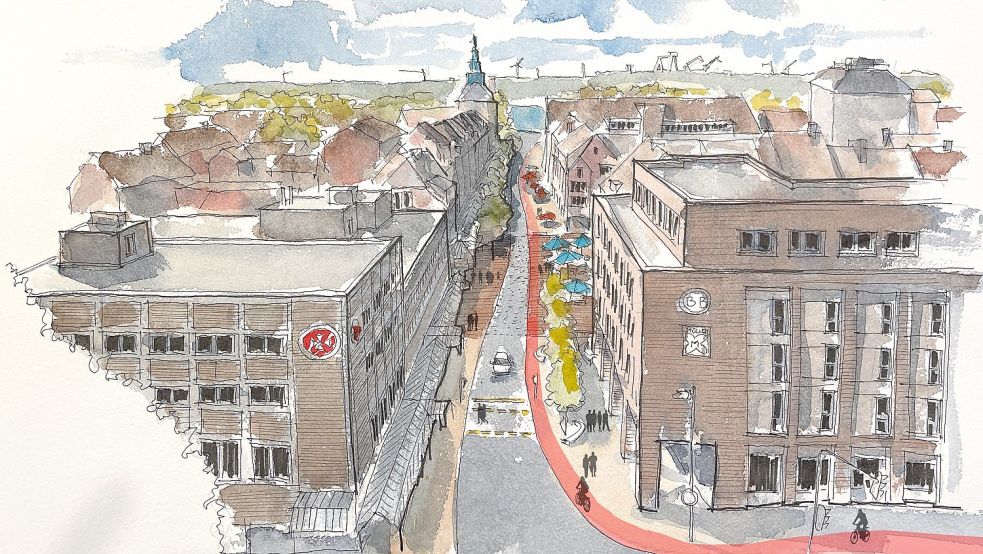 Nur eine Vision und noch kein fertiger Plan: Diese Zeichnung zeigt einen Entwurf für die Umgestaltungsmöglichkeiten an der Neutorstraße. Der Blick geht von Norden Richtung Hafen und Rathaus. Grafik: Stadt Emden