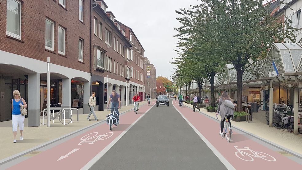 Ab Anfang Januar wird die Neutorstraße zunächst zu einer Fahrbahn für Autos mit zwei breiten Radstreifen ummarkiert. Visualisierung: Sabrina Stieger/Stadt Emden
