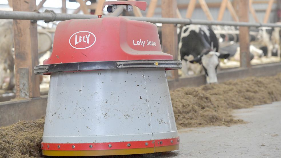 Dieser Roboter schiebt laufend das Futter für die Kühe zusammen. Foto: Ortgies