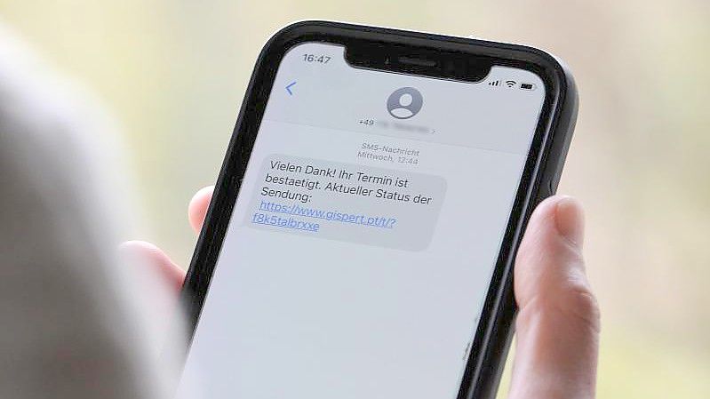 Eine Frau mit einem Smartphone, auf dem eine Betrugs-SMS zu lesen ist. Foto: Wolf von Dewitz/dpa