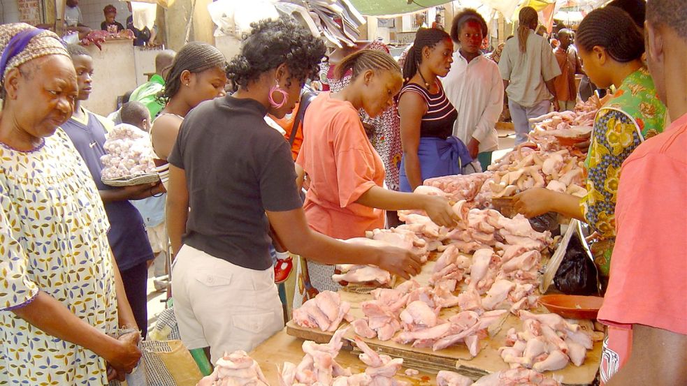 Geflügelfleisch auf einem Markt in Afrika. Landen hier auch die Bruderhähne in Deutschland, die im Zuge des Ausstiegs aus dem Kükentöten nun groß gezogen werden? Foto: Brot für die Welt