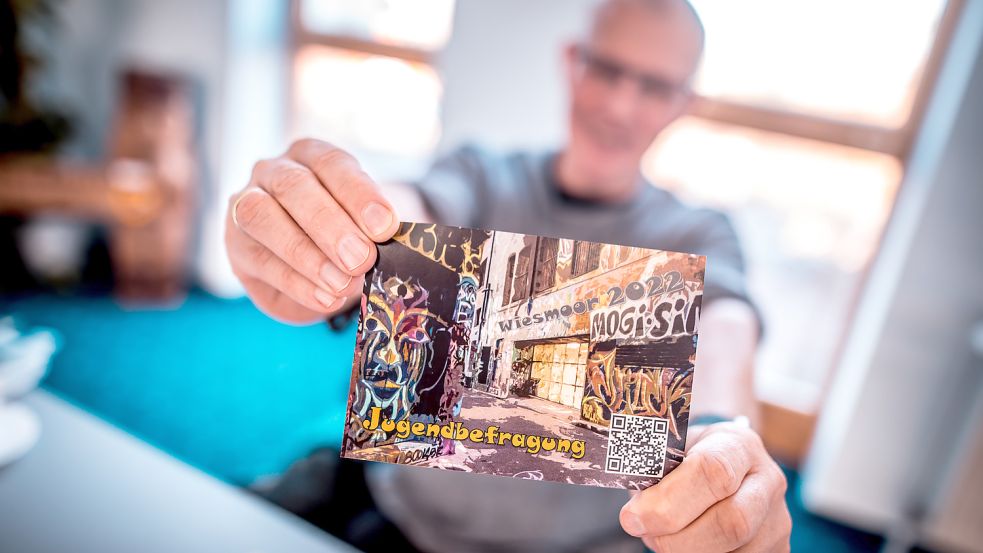 Stadtjugendpfleger Michael Hofer zeigt eine der Postkarten mit QR-Code mit deren Hilfe Kinder und Jugendliche zur Teilnahme an der Umfrage motiviert werden sollen. Foto: Cordsen