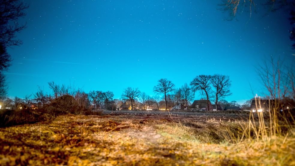 Auf diesen Flächen in Wrisser Hammrich am Jückweg soll das neue Baugebiet entstehen. Im Hintergrund sieht man strahlende Lichter aus Häusern an der Boßelstraße. Foto: Cordsen
