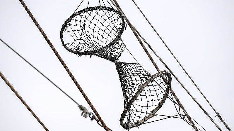 Ein leeres Fischernetz an einem Krabbenkutter. Foto: Sina Schuldt/dpa