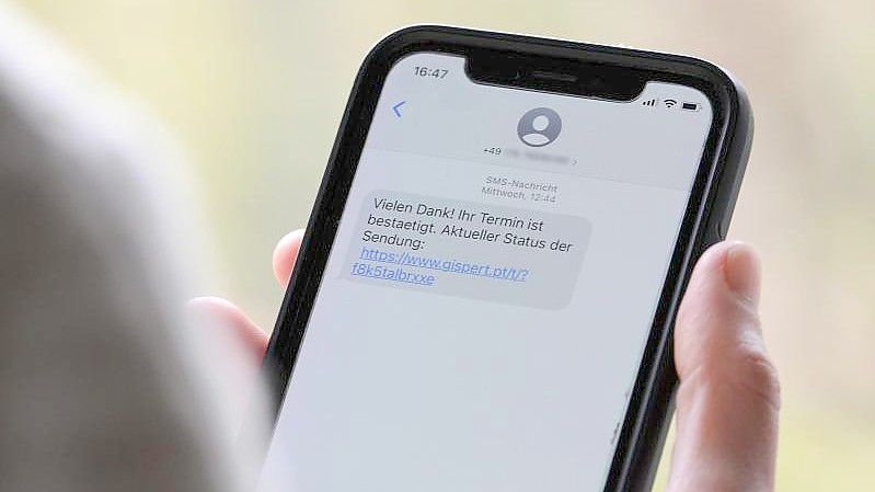 Eine Frau hält ein Smartphone in ihrer Hand, auf dessen Display eine Betrugs-SMS zu lesen ist. Foto: Wolf von Dewitz/dpa