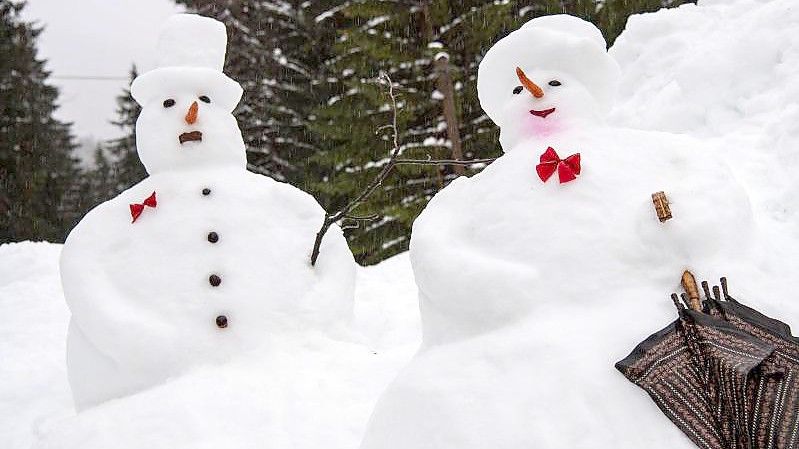 Vergänglich: Ein Schneemann und eine Schneefrau im Regen. Foto: Lino Mirgeler/dpa