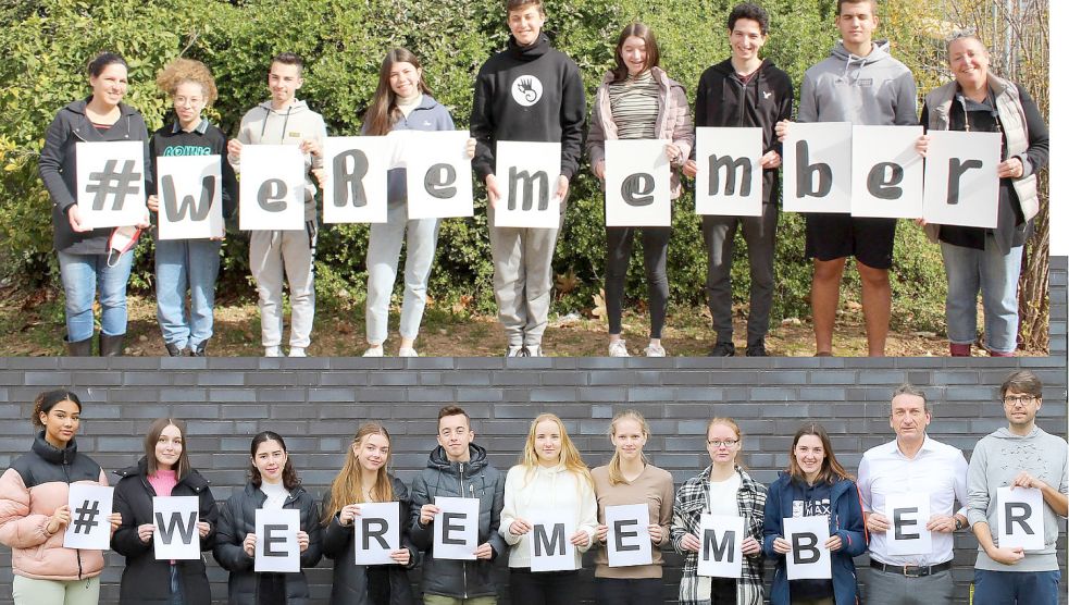 Schülerinnen und Schüler des Max-Windmüller-Gymnasiums (unten) und der Democratic School in Modi’in in Israel ließen sich für den Aktionstag „#WeRemember“ fotografieren. Fotos: Max