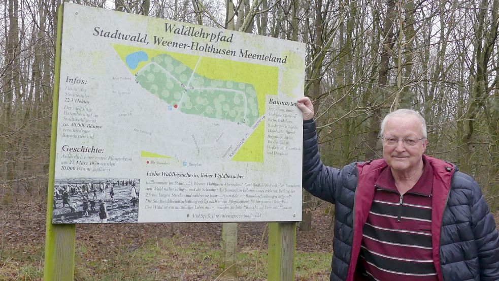 Ortsvorsteher Gerrit Dreesmann animiert dazu, den Lehrpfad im Stadtwald zu entdecken. Foto: Gettkowski