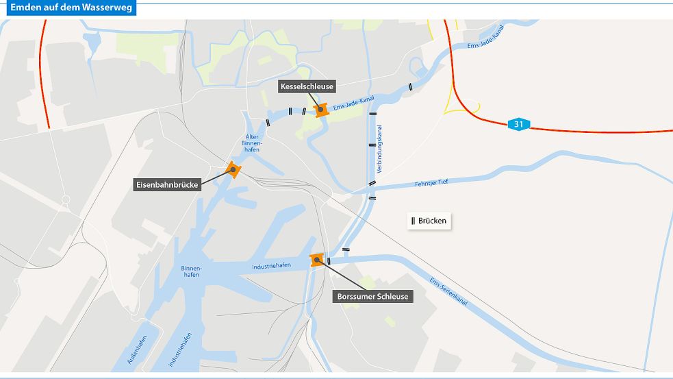 Auf dieser Karte sieht man, wie lang der Umweg über die Borssumer Schleuse und den Verbindungskanal ist, wen man trotz Eisenbahnbrücken-Sanierung in den Alten Binnenhafen und Delft gelangen will. Grafik: Imke Reil