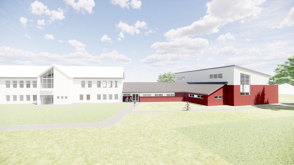 Die Grafik zeigt die neue Turnhalle mit der Verbindung zur Grundschule Völlenerfehn. Grafik: Gemeinde Westoverledingen