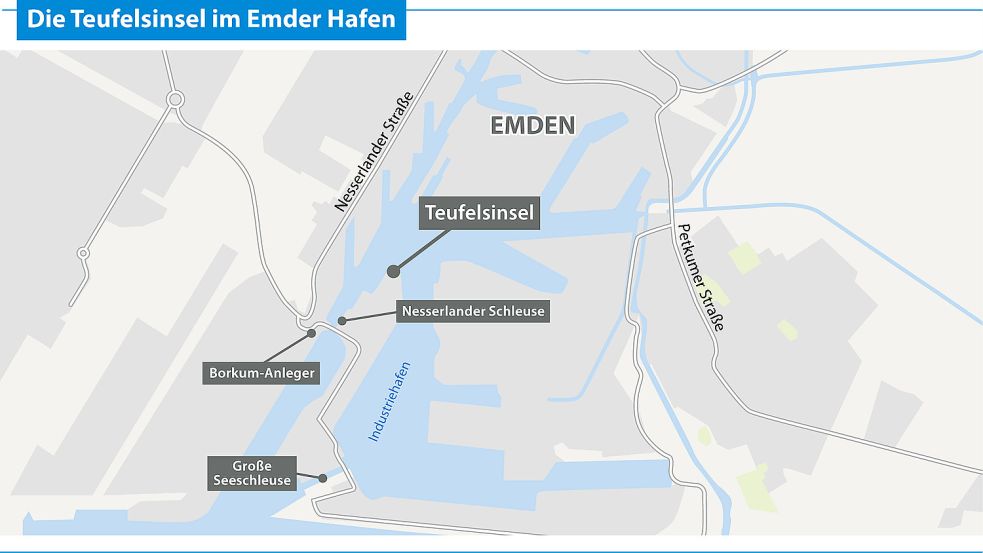 Die Teufelsinsel ragt in der Nähe der Nesserlander Schleuse als Halbinsel in den Emder Binnenhafen hinein. Grafik: Reil