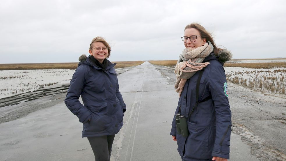 Anja Keim (links) und Maja Gerke auf der Hauener Hooge. Hier entwickeln sich durch Tideeinfluss auf 80 Hektar wieder Salzwiesen. Foto: Böning