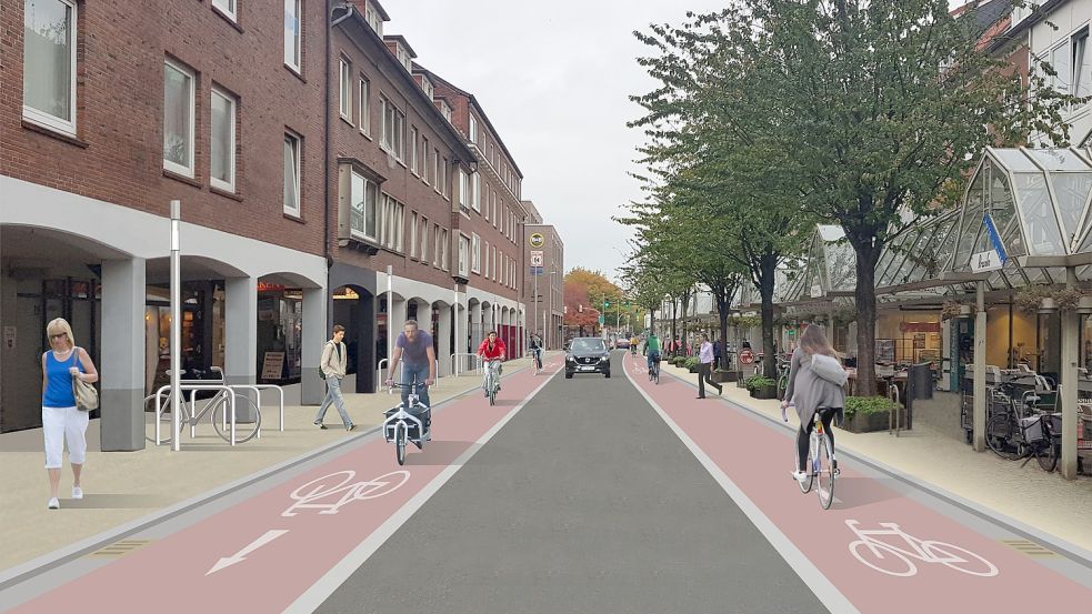 Die Neutorstraße im Abschnitt zwischen Rathausplatz und Neutorarkaden soll im Frühjahr im Zuge des Verkehrsexperimentes zur Fahrradstraße erklärt werden. Grafik: Stadt Emden