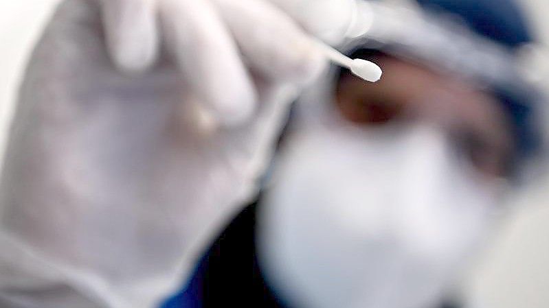 Ein Arzt beim Gesundheitsamt Neukölln hält ein Teststäbchen für einen PCR-Test in der Hand. Foto: Britta Pedersen/dpa-Zentralbild/dpa