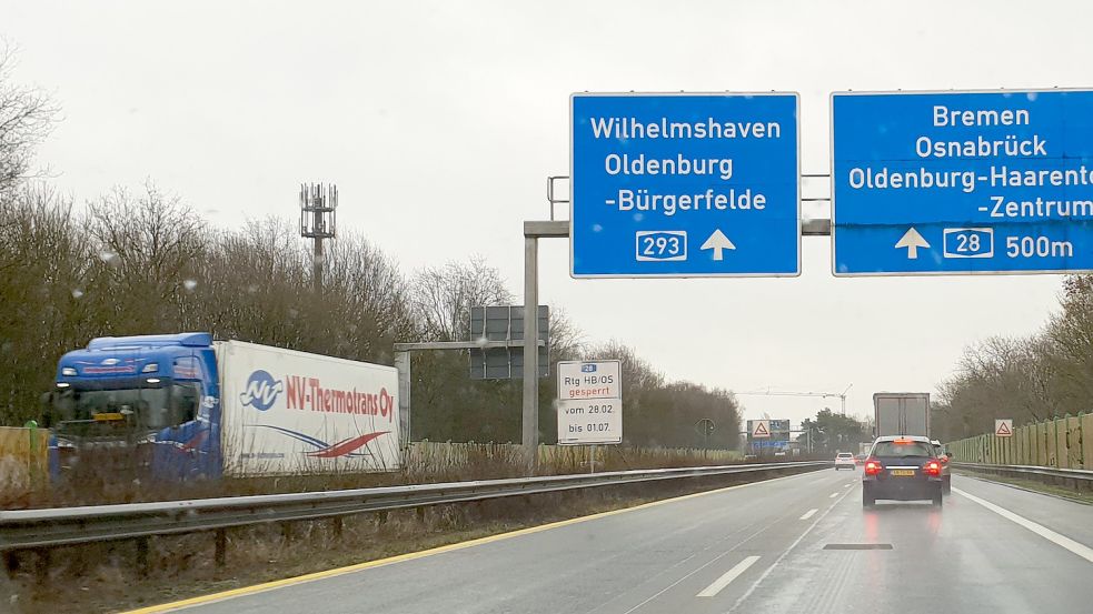 Die Schilder stehen schon da, bis aber hier am Autobahn-Dreieck Leer-West die Bauarbeiten beginnen, vergehen noch ein paar Tage. Foto: Mielcarek