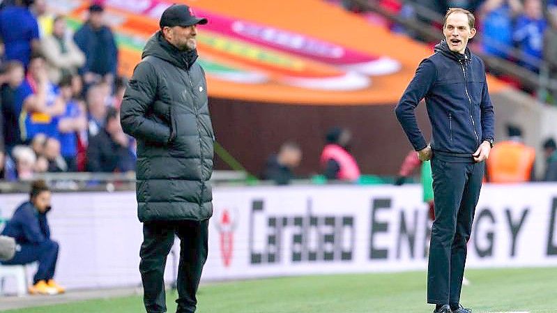 Duell der deutschen Trainer: Jürgen Klopp (l) vom FC Liverpool und Thomas Tuchel vom FC Chelsea. Foto: Nick Potts/Press Association/dpa
