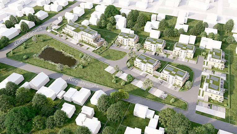 Ein Zentralgebäude (oben links) sowie sechs Mehrfamilienhäuser (mittig, rechts) möchten Investoren an der Narzissenstraße in Wiesmoor bauen. Aufgrund der Größe ist dafür aber eine Änderung des Bebauungsplans nötig. Visualisierung: HP Potthoff GmbH & Co. KG