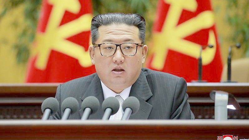 Dieses von der zentralen staatlichen Nachrichtenagentur (KCNA) herausgegebene Bild zeigt den nordkoreanischen Machthaber Kim Jong-un bei seiner Abschlussrede auf dem zweiten Parteitag der Arbeiterpartei Koreas. Foto: -/KCNA/dpa