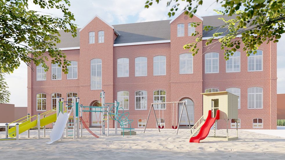 So soll es nach dem Umbau an der Emsschule aussehen. Der Platz vor dem Gebäude wird zu einem Kita-Spielplatz. Grafik: Arne Wollers Projektierungsgesellschaft