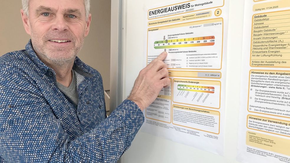 Detlef Dunker zeigt, was möglich ist: Das Haus aus dem Jahr 1900, in dem heute das Stadtteilbüro untergebracht ist, hat dank einiger Sanierungsmaßnahmen einen Energieausweis, der dem eines Neubaus in nichts nachsteht. Foto: Tomé