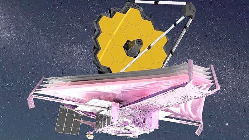 Diese künstlerische Darstellung des James Webb Weltraumteleskops im All zeigt alle Hauptelemente vollständig entfaltet. Foto: Adriana Manrique Gutierrez/NASA GSFC/CIL//dpa