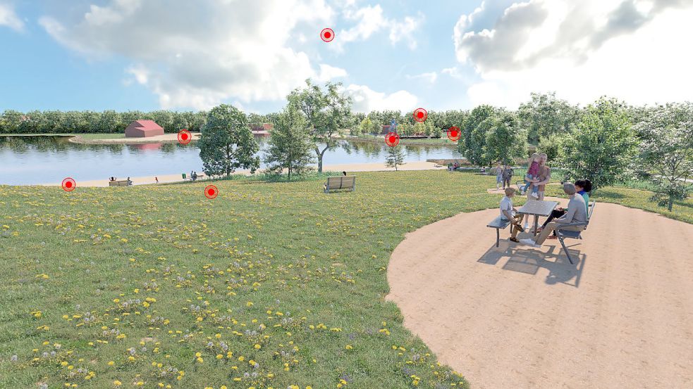Punkt 6 und 7: Ein Blick über die Liegewiese auf den geplanten Hundestrand auf der kleinen Insel. Grafik: Gemeinde Ihlow