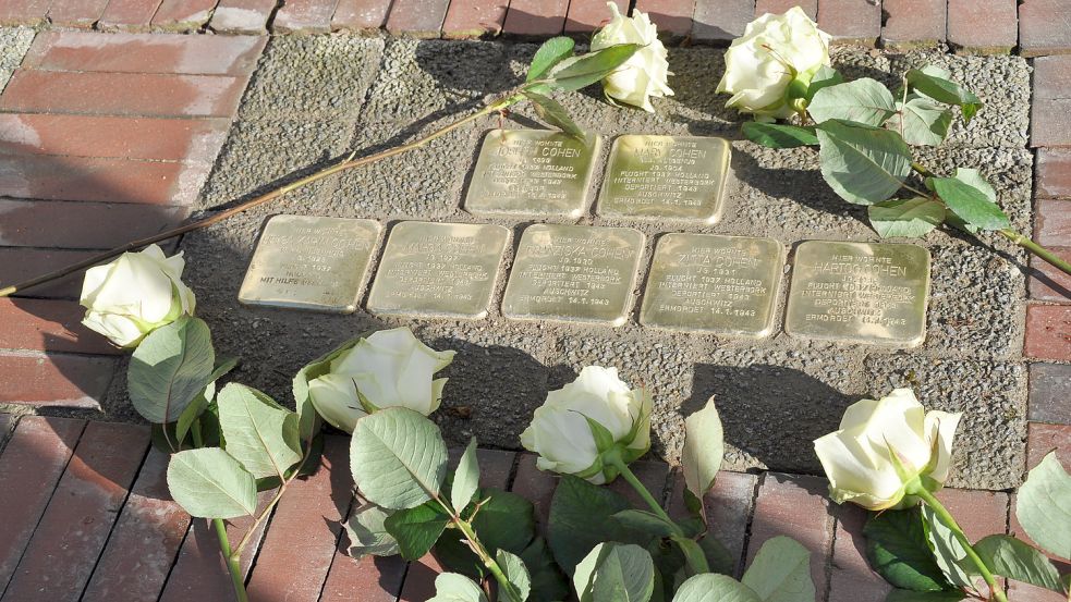 Sieben Stolpersteine erinnern vor einem Haus in der Westerstraße 4 an die Mitglieder der Familie Cohen. Foto: Ullrich