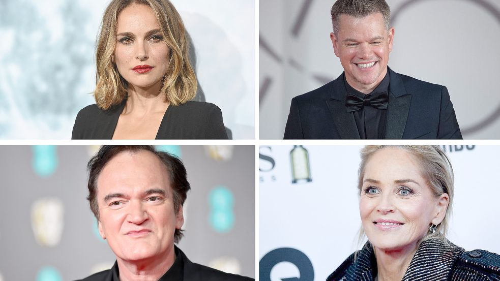 Natalie Portman, Matt Damon, Quentin Tarantino und Sharon Stone verbindet eines: ihr hoher IQ. Foto: dpa/Chris Pizzello; Imago Images/Shutterstock; dpa(2)/Matt Crossick; Britta Pedersen