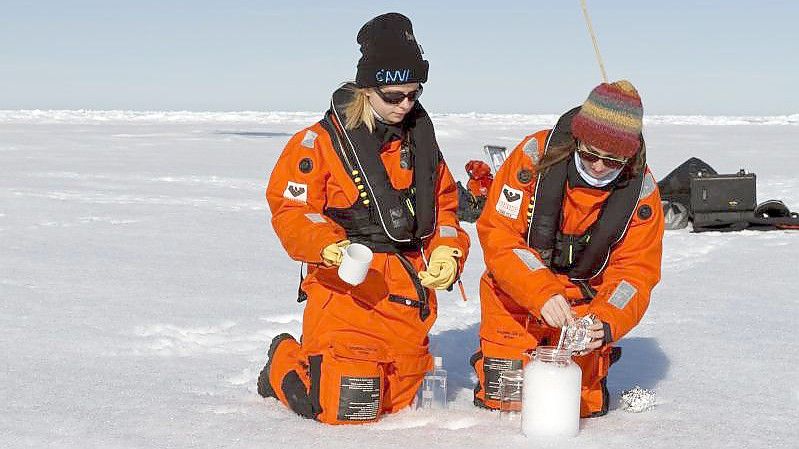 Wissenschaftler des Alfred-Wegener-Instituts nehmen Schneeproben auf dem Meereis. Selbst in der Arktis enthält der Schnee Mikroplastik. Foto: Kajetan Deja/Alfred-Wegener-Institut, Helmholtz-Zentrum/dpa