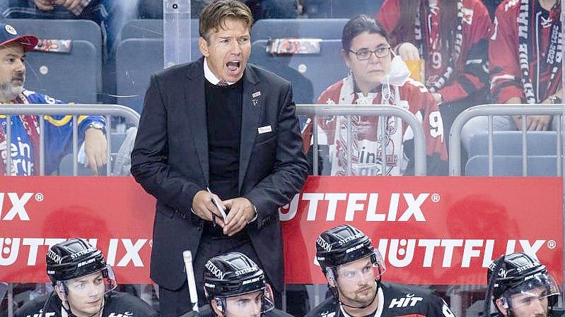 Haie-Trainer Uwe Krupp steht hinter der Kölner Bank. Foto: Rolf Vennenbernd/dpa