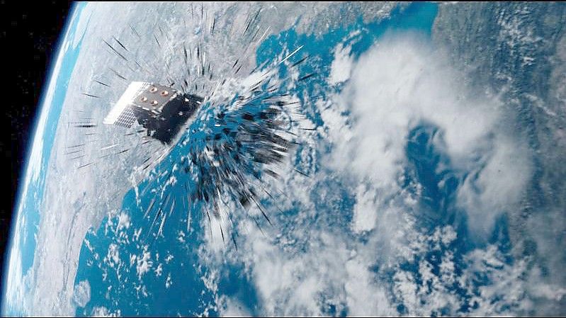 Diese von der ESA zur Verfügung gestellte Illustration aus dem Film „Time to Act“ zeigt den Moment, in dem ein Satellit mit Weltraumschrott kollidiert. Foto: ESA/ONiRiXEL/dpa