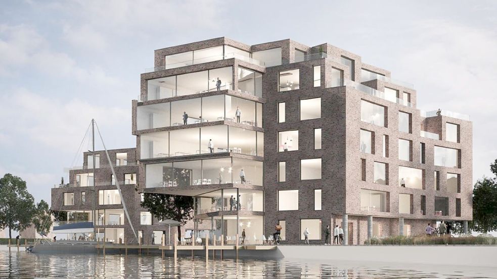 Nach mehreren Änderungen soll dieser Architektenentwurf am alten Binnenhafen in Emden umgesetzt werden. Grafik: Privat