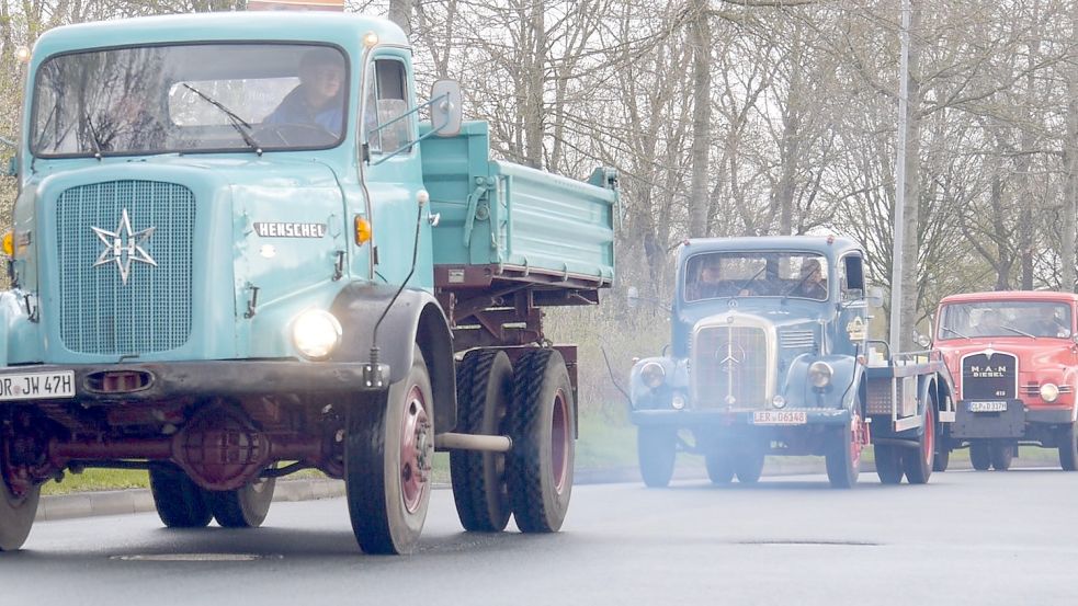 2019 hatten sich die Teilnehmer der Lkw-Ausfahrt des Oldtimer-Treffs Münkeboe zuletzt zu einem gemeinsamen Korso aufgemacht. Foto: Archiv