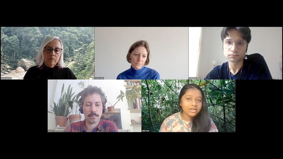 Im Emaf-Onlinetalk spricht Moderatorin Rosario Talevi mit internationalen Künstlern und Naturforschern über die Frage, ob Wäldern Persönlichkeitsrechte eingeräumt werden können. Im Bild v.l.: Ursula Biemann, Rosario Talevi, Abhijan Toto, Caetano Carvalho und Pujita Guha. Foto: Screenshot: Daniel Batel