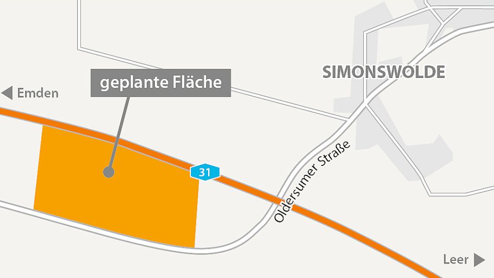 Das Gewerbegebiet Simonswolde soll direkt an der Autobahn liegen.