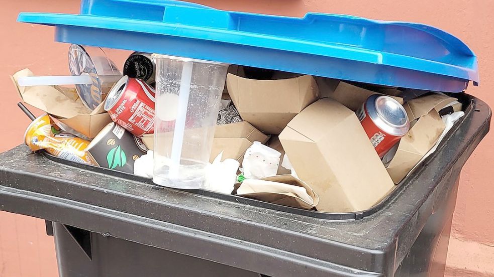 So bleibt die Tonne natürlich stehen: Imbissbesucher warfen ihren Müll in der Leeraner Rathausstraße in einen Altpapierbehälter. Foto: Wolters