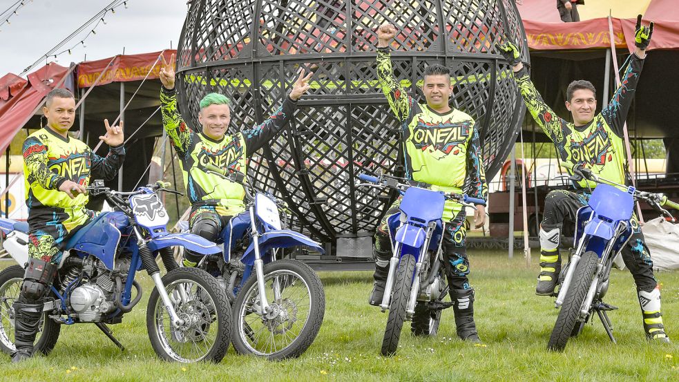 Die „Teufelsfahrer“ beim Circus Probst in Tannenhausen sind Nilmer Bolivar (von links), Carlos Robayo, Fabian Figueroa und David Ortiz. Foto: Ortgies