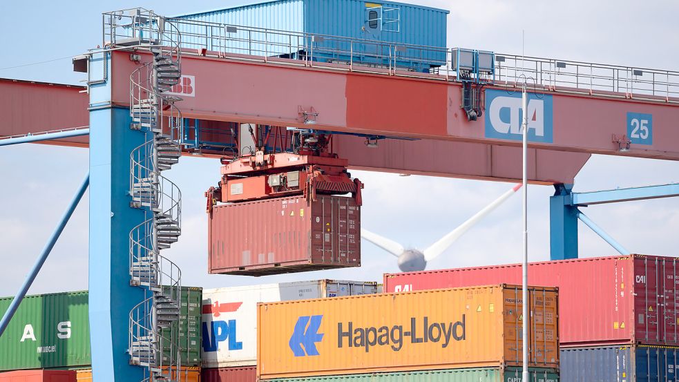 Ein Container wird auf dem Gelände des HHLA Container Terminal Altenwerder (CTA) in Hamburg verladen. Im Hafen der Hansestadt gibt es seit Wochen Probleme beim Containerumschlag. Ein Schiffsstau ist die Folge. Foto: Walzberg/DPA