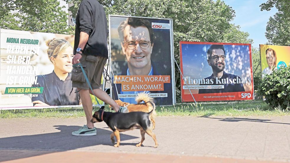 Wahlplakate von Grünen, CDU, SPD und FDP (l-r) stehen auf einer Wiese in Düsseldorf Foto: Oliver Berg/dpa